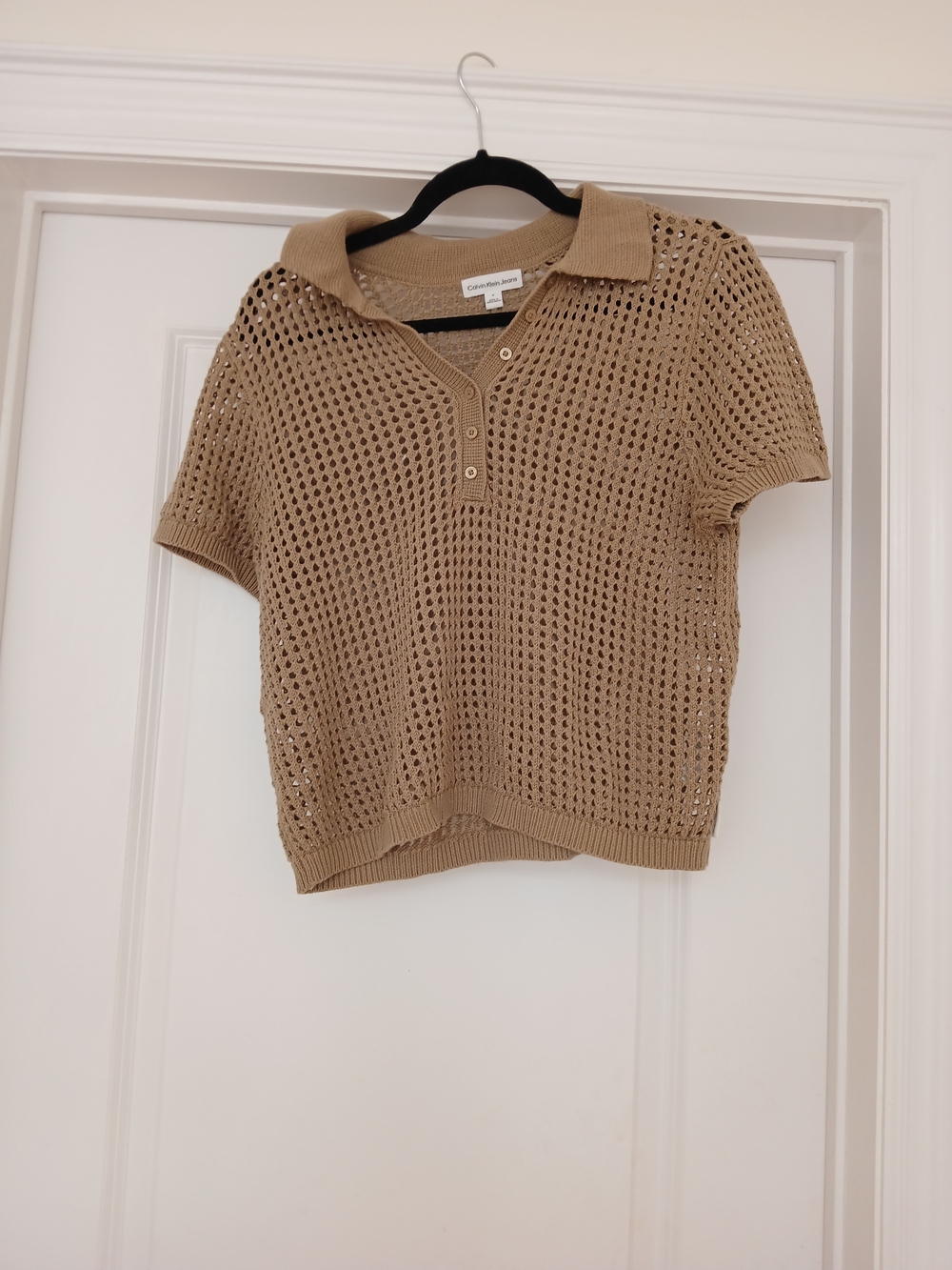 Calvin Klein Beige Crochet Polo V-Neck Sweater